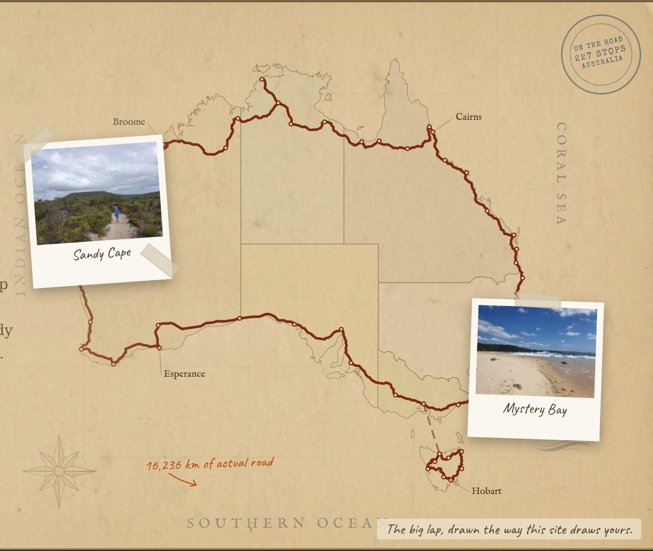 The big lap drawn on a paper map of Australia, with the site’s own prints taped on