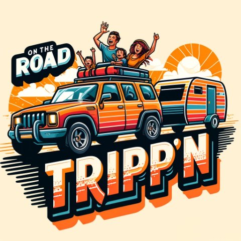 The podcast cover: a four-wheel drive and caravan in front of a sunrise
