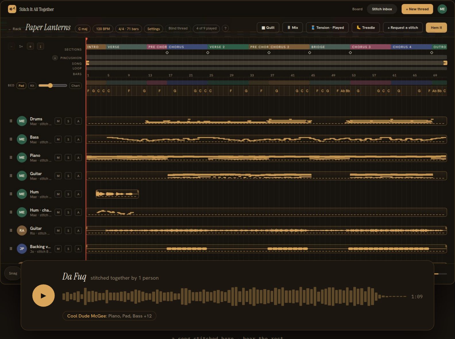 The Stitchit desk: a song called Paper Lanterns with eight stitched tracks and the player underneath